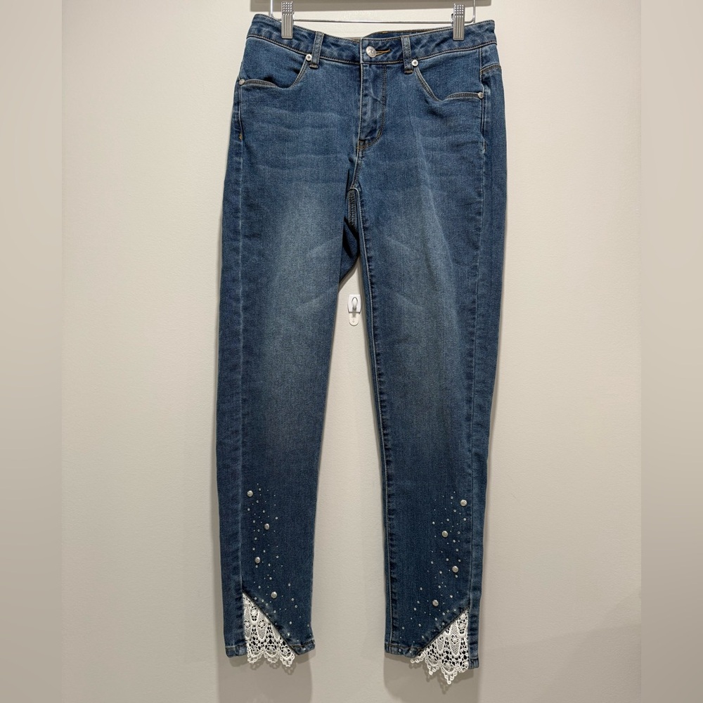 VENUS Dark Blue Denim Ankle Jeans with Lace Trim
